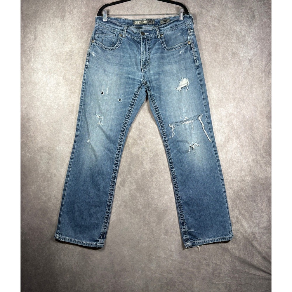 BKE Jeans Mens Size 36R Blue Carter Relaxed Distressed Denim Straight Leg Frayed